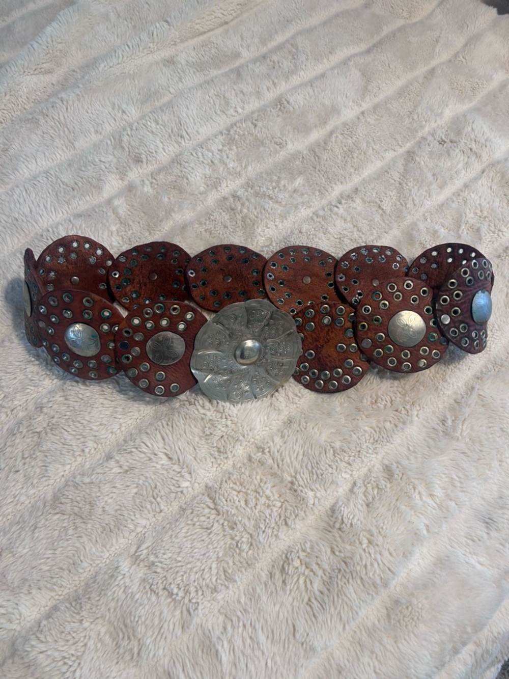 Boho Round Leather Concho Belt with Silver Medallions - Brown